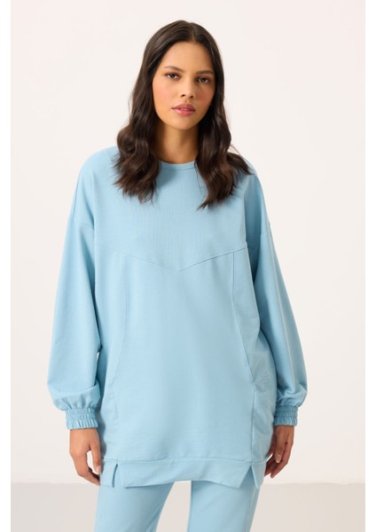 Açık Mavi O Yaka Basic Oversize Kadın Eşofman Tunik Takım - 95347 indirimleri
