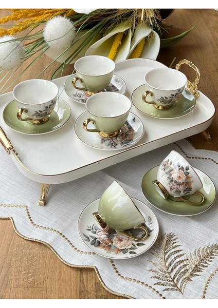 Luxury Türk Kahve Fincanı Botania Çiçekli Yaldızlı 6 Kişilik 12 Parça 1 Adet