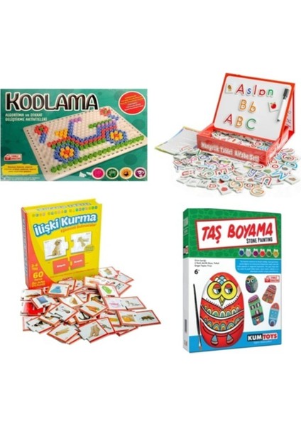 Luxury Kumtoys Kodlama + Diytoy Manyetik Tablet Alfabe + Diytoy Ilişki Kurma + Kumtoys Taş Boyama(4’lü Set) 1 Adet