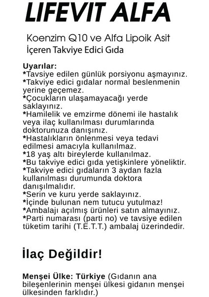 Alfa 30 Tablet - Alfa Lipoik Asit Koenzim Q10 - 1 Şişe=30 Günlük Doz modelleri