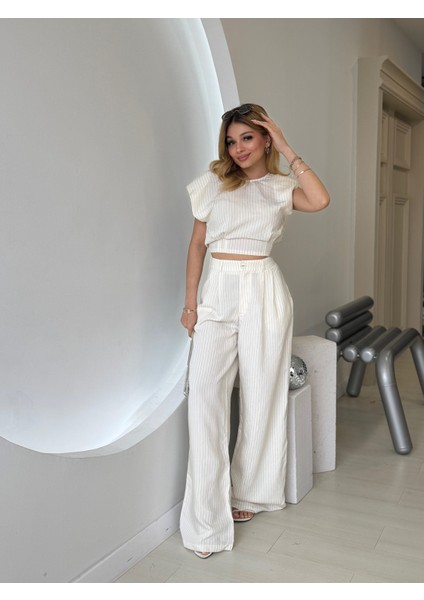 Ekru Çizgili Crop Pantolon Takım