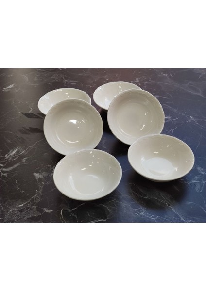 Luxury Porselen Kase Beyaz Sade Kendinden Desenli 6lı Set 1 Adet