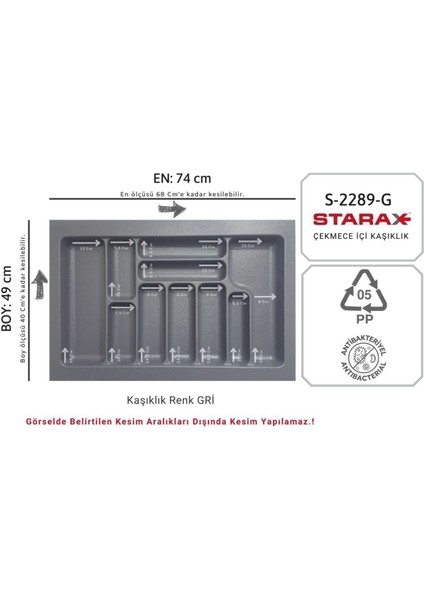 Luxury S-2289-G Çekmece Içi Plastik Kaşıklık Gri En:74-68 D:49-40 cm 10 Göz 1 Adet
