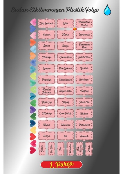 Luxury Pembe 107 Adet Baharat Bakliyat Kuruyemiş Kavanoz Etiketi Sticker +Suluboya Kalp Çıkartma 1 Adet