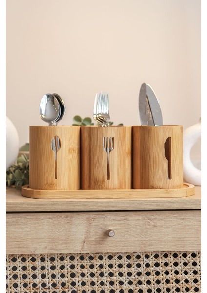 Luxury 4 Parça Bambu Kaşık Çatal Bıçak Düzenleyici Set 1 Adet