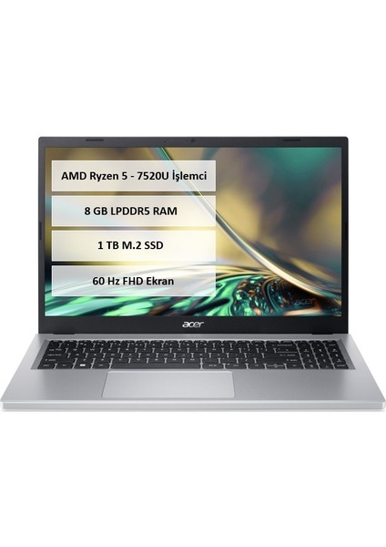 Aspire 3 Ryzen 5 7520U 8gb Ddr4 Ram 1tb M.2 SSD 15.6" Fhd Freedos A315-24P-R42L-1