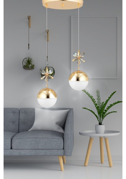 Sefam 2'li Kristal Taşlı Modern Hakiki Camlı Sarkıt Avize - Yatak Odası - Salon - Mutfak - Hol