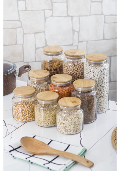Luxury 9 Lu Set Bambu Kapaklı Cam Kavanoz & Erzak Saklama Kabı 3 x (1.3 Lt 0.80 Lt 0.50 Lt ( Vakum Kapak ) 1 Adet