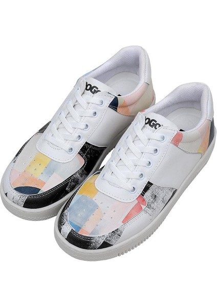 Kadın Vegan Deri Beyaz Sneakers - Geometric Shapes Tasarım