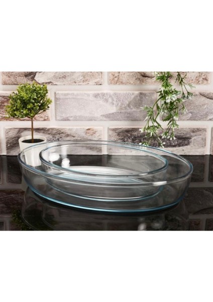 Luxury 2’li Oval Borcam Fırın Kabı Fırın Tepsisi 3200CC 35X24 ve 1550CC 26X18 1 Adet