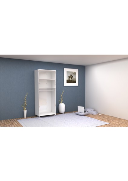 2 Kapaklı Üst 2 Raf Alt Askılı Gardırop PARLAK BEYAZ MDFLAM 205 cm *85 cm *53 cm 2KGM003 modelleri