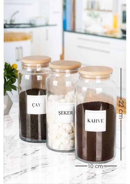 Luxury 3'lü Ahşap Kapaklı Etiketli Çay Şeker Kahve Cam Kavanoz Saklama Kabı 1300 ml 1 Adet