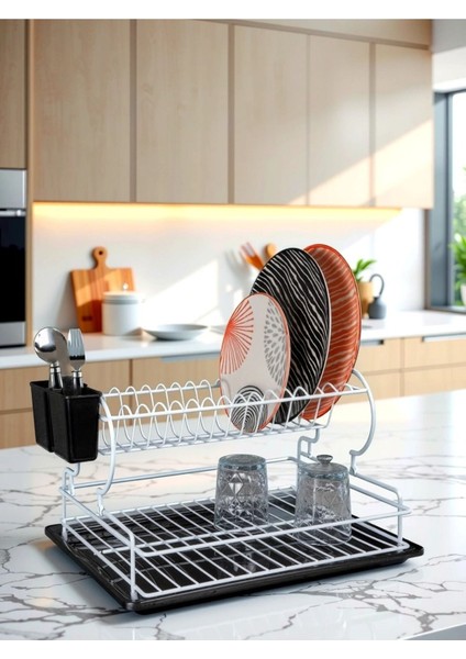 Luxury Paslanmaz 2 Katlı Metal Tabaklık Bulaşıklık Bulaşık Sepeti Termo Plastik Kaplama 1 Adet
