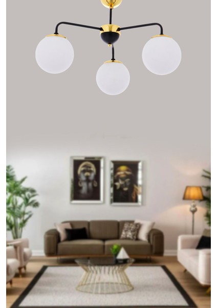 Mai Beyaz Opal Camlı Gold-Siyah 3'lü Modern Avize Modeli Salon Yatak Odası Oturma Odası Avizesi