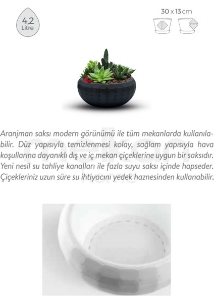 4,2l Modern Aranjman Saksı Büyük Boy Hazneli Dekoratif Plastik Saksı Iç & Dış Mekan Saksısı Antrasit