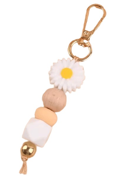 Papatya Silikon Boncuklu Anahtarlık El Yapımı Ahşap Boncuklar Kadınlar Için Anahtar Zincirleri Kızlar Araba Çantası Kolye Anahtar Aksesuarları Anahtarlık Hediye (Yurt Dışından)
