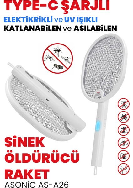 Güncelçarşı Type-C Şarjlı Uv Işıklı Sinek Raketi 1200MAH 3000V Çıkış Katlanabilir Askılı Raket Sinek Kovucu, Asonic AS-A26
