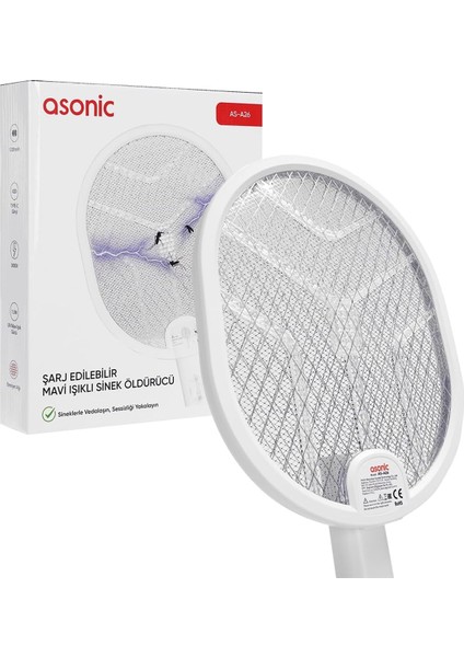 Güncelçarşı Type-C Şarjlı Uv Işıklı Sinek Raketi 1200MAH 3000V Çıkış Katlanabilir Askılı Raket Sinek Kovucu, Asonic AS-A26
