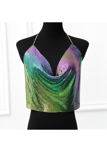 Parlak Gökuşağı Crop & Bluz Kolsuz Kayık Yaka Zırh Büstiyer fiyatları