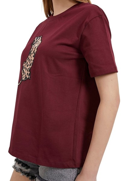 Kadın Bisiklet Yaka Bol Kesim %100 Pamuk Önü Leopar T-Shirt indirimleri
