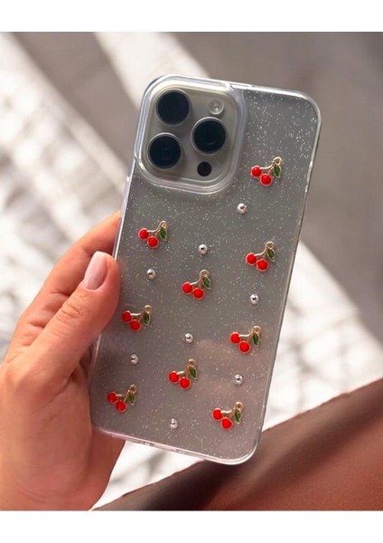 iPhone 16 Plus Uyumlu Şeffaf Simli Kirazlı Premium Kılıf