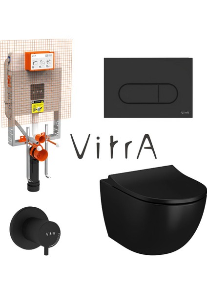 S60 Mat Siyah Smoot Flush Asma Klozet, Vitra Mat Siyah Gömme Rezervuar Set 768-1851
