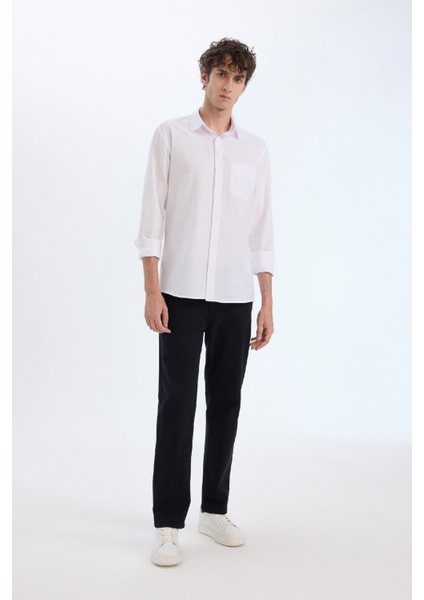 Modern Fit Polo Yaka Basic Düz Uzun Kollu Beyaz Gömlek E5045AX25SM