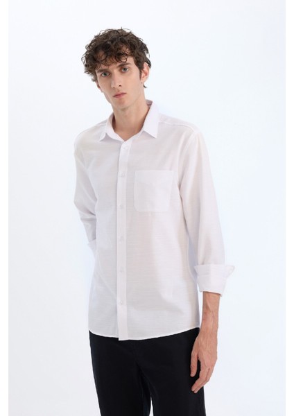 Modern Fit Polo Yaka Basic Düz Uzun Kollu Beyaz Gömlek E5045AX25SM