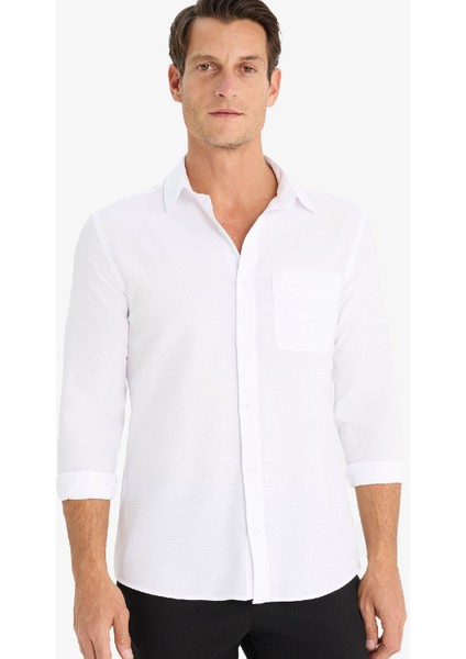 Modern Fit Polo Yaka Basic Düz Uzun Kollu Beyaz Gömlek E5045AX25SM