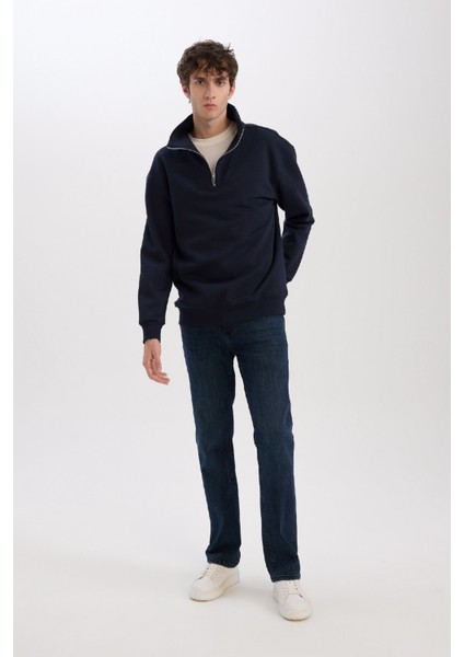 Relax Fit Dik Yaka Fermuarlı Basic Düz Kalın Sweatshirt E5332AX24WN