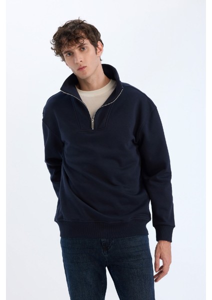 Relax Fit Dik Yaka Fermuarlı Basic Düz Kalın Sweatshirt E5332AX24WN