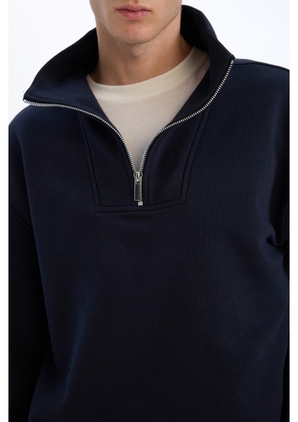 Relax Fit Dik Yaka Fermuarlı Basic Düz Kalın Sweatshirt E5332AX24WN
