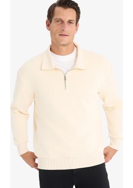 Relax Fit Polo Yaka Fermuarlı Basic Düz Kalın Sweatshirt E5333AX24WN