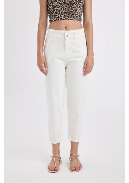 Paperbag Rahat Kesim Yüksek Beli Lastikli Hafif Düz Paça Beyaz Jean Pantolon D4875AX24HS