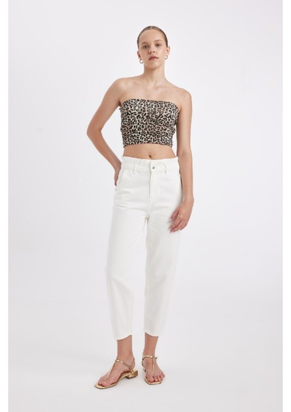 Paperbag Rahat Kesim Yüksek Beli Lastikli Hafif Düz Paça Beyaz Jean Pantolon D4875AX24HS fiyatları