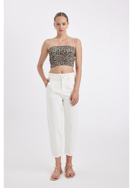 Paperbag Rahat Kesim Yüksek Beli Lastikli Hafif Düz Paça Beyaz Jean Pantolon D4875AX24HS modelleri