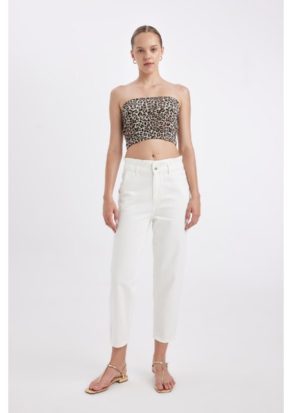 Paperbag Rahat Kesim Yüksek Beli Lastikli Hafif Düz Paça Beyaz Jean Pantolon D4875AX24HS fırsatları