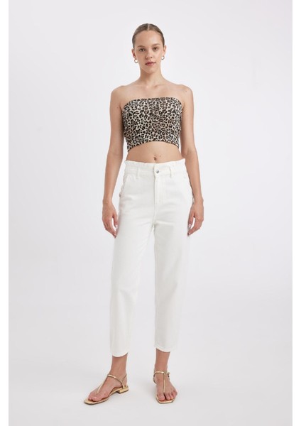 Paperbag Rahat Kesim Yüksek Beli Lastikli Hafif Düz Paça Beyaz Jean Pantolon D4875AX24HS indirimleri