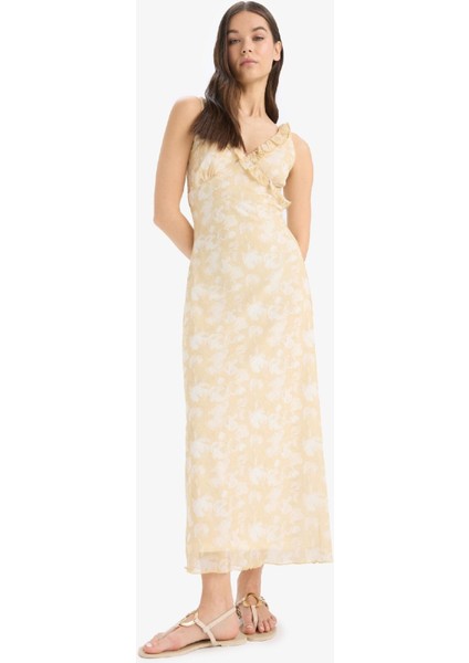 Bodycon Vücudu Saran Desenli Tül Askılı Midi Elbise E6809AX25SP