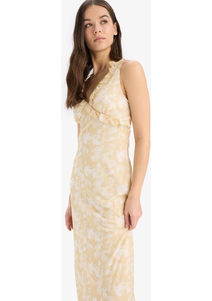 Bodycon Vücudu Saran Desenli Tül Askılı Midi Elbise E6809AX25SP