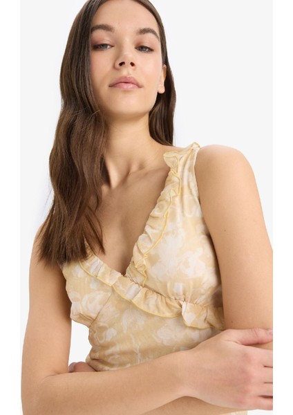 Bodycon Vücudu Saran Desenli Tül Askılı Midi Elbise E6809AX25SP