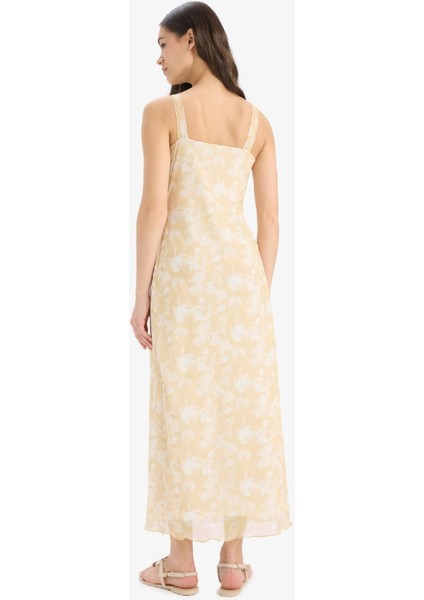 Bodycon Vücudu Saran Desenli Tül Askılı Midi Elbise E6809AX25SP