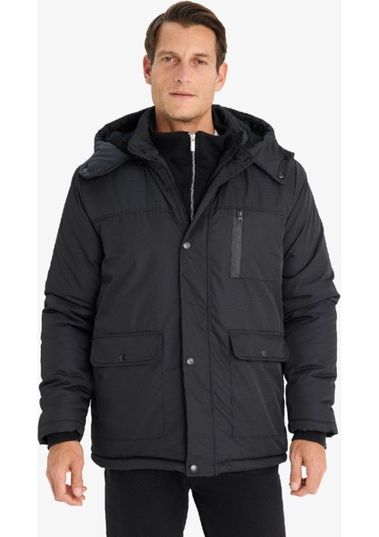 Su İtici Kapüşonlu Mont Polar Astarlı Fermuarlı Cepli Çıtçıtlı E7287AX24WN