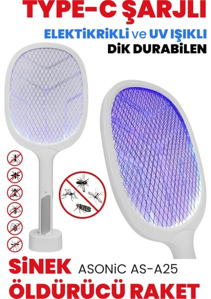 Güncelçarşı Type-C Şarjlı Uv Işıklı Sinek Raketi 1200MAH 3000V Çıkış Dik Durabilen Uv Mor Işıklı Elektrikli Raket Sinek Kovucu, Asonic AS-A25