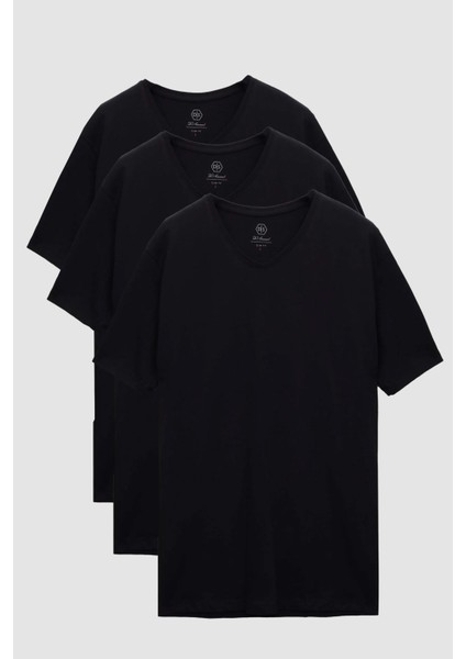Ds Damat Slim Fit Siyah 3'lü Set V Yaka T-Shirt
