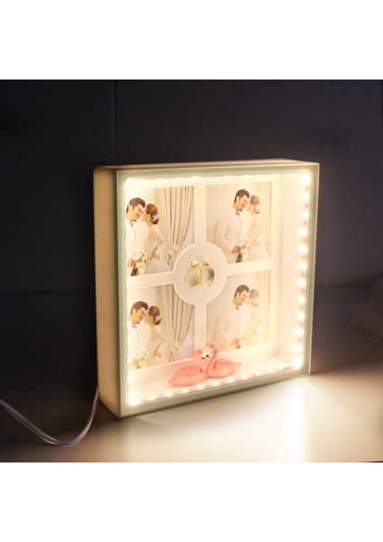 3D Led'li Kuğu Cam Çerçeve Fotoğraf Çerçevesi Zarif Kuğu Figürü ve LED Işıklı Tektaş Yüzük