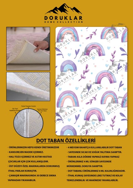 Kaymaz Taban Makinada Yıkanabilir Dijital Baskı Gökkuşağı Desenli Çocuk Odası Halısı Dot Taban Halı RB05