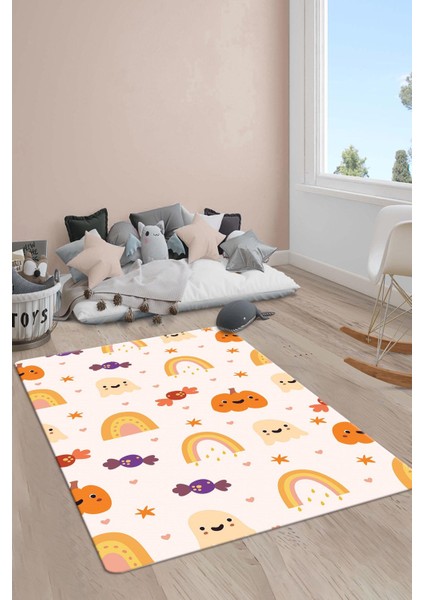 Kaymaz Taban Makinada Yıkanabilir Dijital Baskı Gökkuşağı Desenli Çocuk Odası Halısı Dot Taban Halı RB02