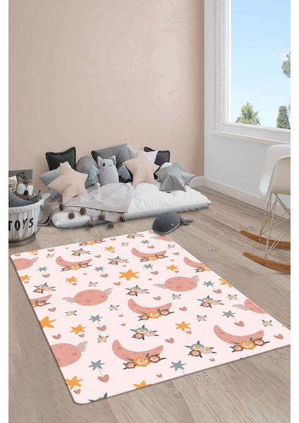 Kaymaz Taban Makinada Yıkanabilir Dijital Baskı Ay Desenli Çocuk Odası Halısı Dot Taban Halı RB07