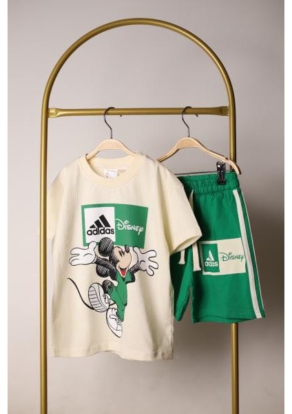 Erkek Çocuk Yazlık Alt Üst Takım Yeşil Sporcu Mickey Şortlu Takım